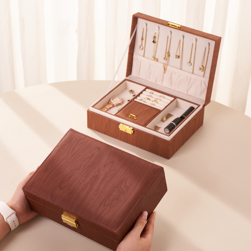 2025 สไตล์ใหม่ขนาดใหญ่-ความจุ High-End ไม้ Grain กล่องเก็บเครื่องประดับ Double-Layer ล็อคประณีตสร้อย