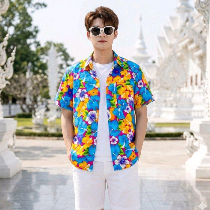 016 เสื้อเชิ้ตลายดอก ผ้าคอตตอน100% สีไม่ตก ผ้าไม่หด ลายคมชัด มีไซส์หญิงชาย S-5XL งานไทย ส่งจากไทย*1ตัว* รูปที่ 6
