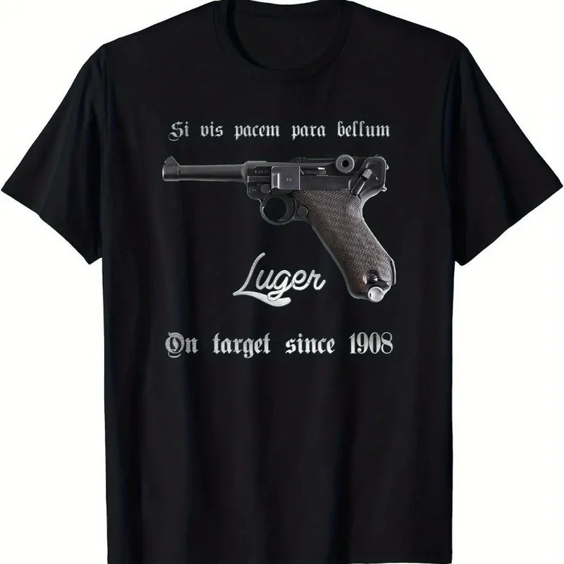 เสื้อยืดผู้ชายลายกราฟิก Mauser P08 9mm Luger สไตล์วินเทจ ระบายอากาศได้ดี แขนสั้น พร้อมลาย Si Vis Pac