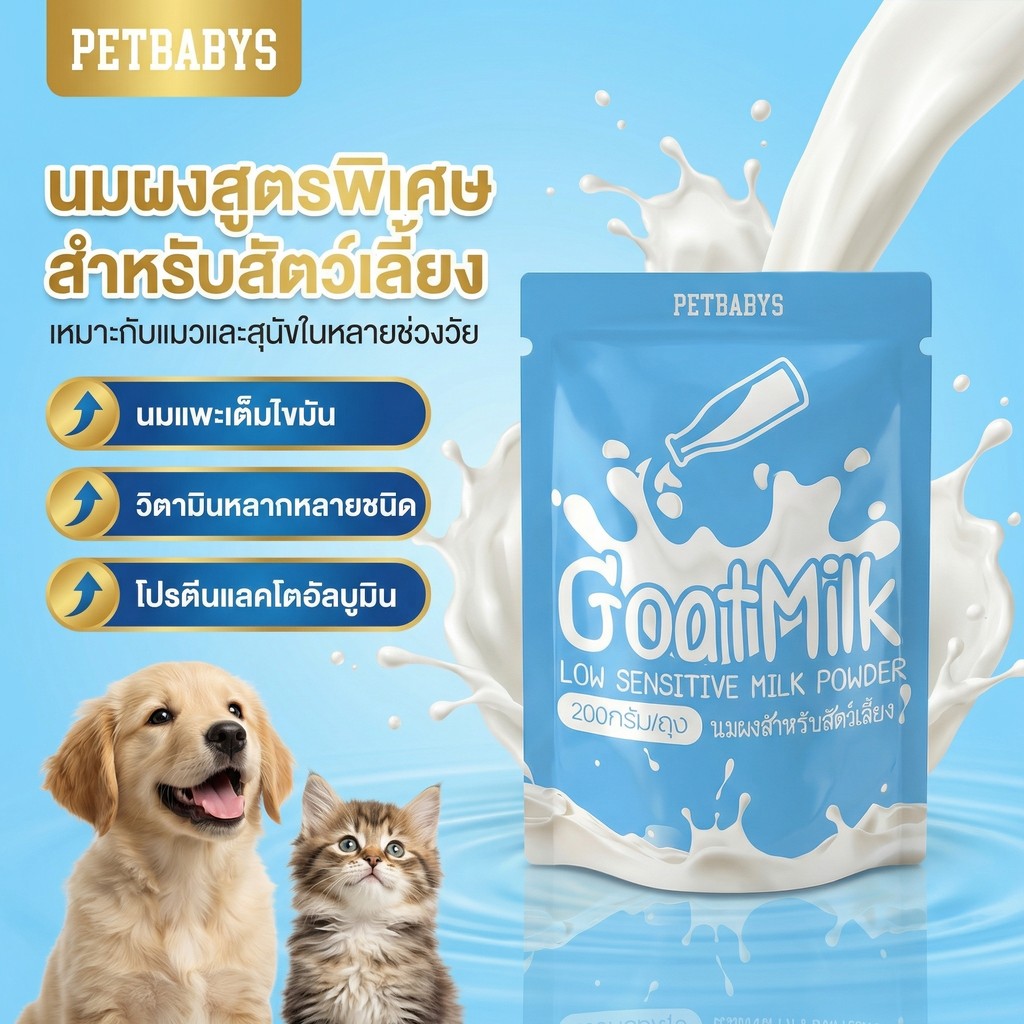 PETLUSCI นมผงแพะแท้ 200กรัม ไร้แป้ง ไร้น้ำตาล ย่อยง่าย นมผงสำหรับสัตว์เลี้ยง สุนัขแมวทุกวัย
