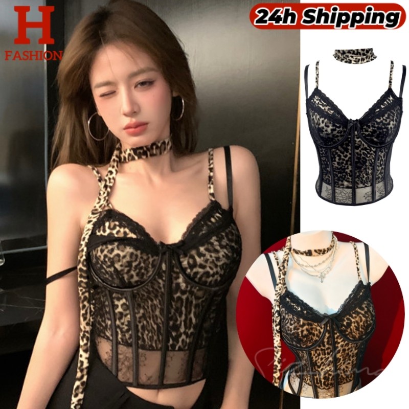 HOT 'พร้อมส่ง' เสื้อสายเดี่ยวดีเทล2ชั้นติดกัน ลายลูกไม้+เสือดาว มีฟองน้ำในตัว FY3013