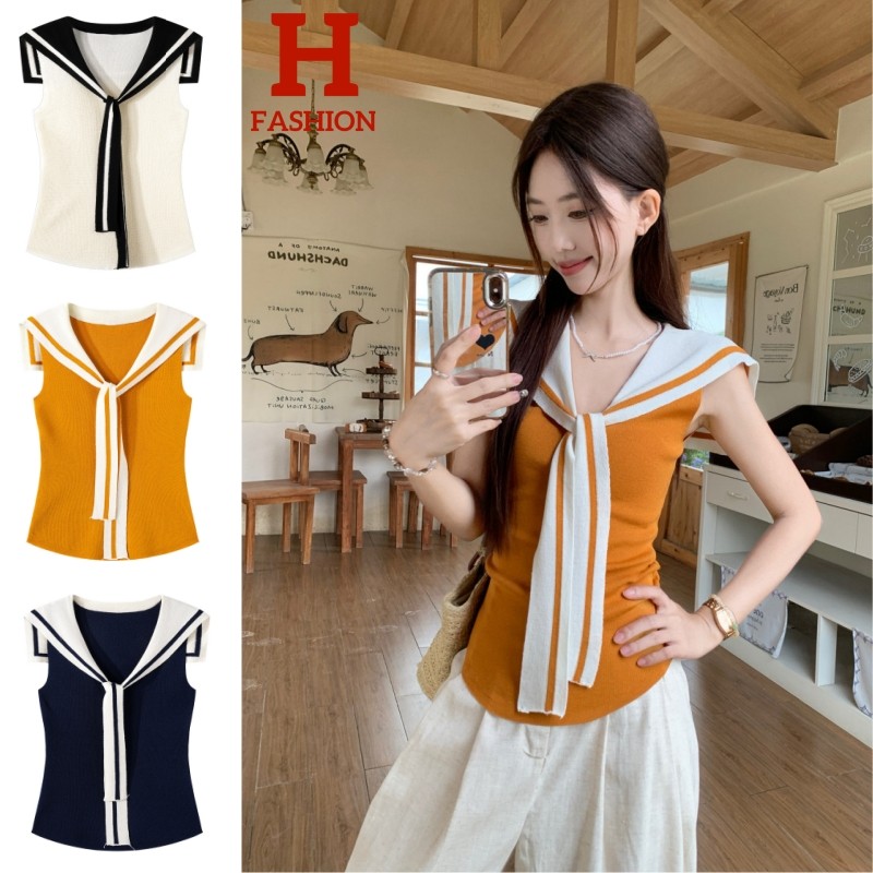 HOT 'พร้อมส่ง' เสื้อแขนกุดคอปก แต่งเน็กไท ตัดกับสรเสื้อ ดีเทลเก๋ๆ ยืดตามตัว FY10181