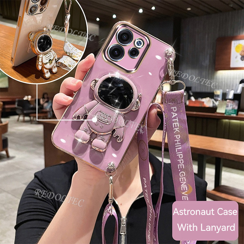 กรณี OPPO Reno 15F 5G ใหม่แฟชั่นน่ารัก 6D Electroplated เคสโทรศัพท์ OPPO Reno15 F Reno15F พร้อมนักบินอวกาศขาตั้งผู้ถือยาว Crossbody เชือกเส้นเล็กสําหรับสาว