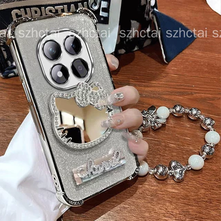 เคสสําหรับ Redmi Note 15 Note 15 Pro Redmi Note 15 Pro Plus สี่มุมเคสโทรศัพท์กันกระแทก 3D น่ารักเพชรแมวกระจกแต่งหน้าวงเล็บพับได้พร้อมสร้อยข้อมือใหม่เคสนุ่ม