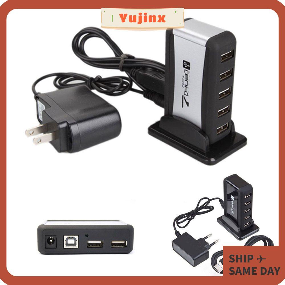 YUJINX USB 2.0 HUB ตัวเชื่อมต่อความเร็วสูงแบบพกพา 7 พอร์ต Hub Stand Dock EU US ปลั๊ก AC Power