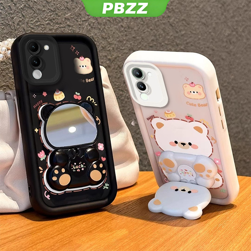 PBZZ เคสสําหรับ VIVO V29 5G VIVO V29E VIVO V29 PRO 5G เคสโทรศัพท์ Softcase ซิลิโคนกันกระแทกใหม่ออกแบบความงามกระจกหมุนได้น่ารักหมีพร้อมที่วาง JTXXZJ01
