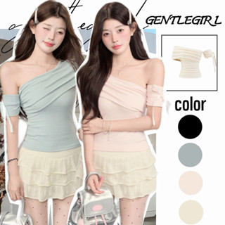 #GG🎀เสื้อยืดแขนสั้นผู้หญิงแบบเปิดไหล่ ผูกเอว ดีไซน์หวานและสง…