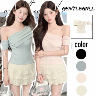 #GG🎀เสื้อครอปฟิตติ้งแขนสั้น ไหล่เอไม่สมมาตร เหมาะกับออกงาน ปีใหม่ วาเลนไทน์ ลุคเดทสุดปัง มัลติฟังก์ชั่นใส่ได้หลายโอกาส