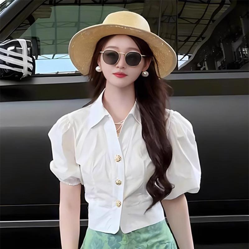 เสื้อเชิ้ตตัวสั้น แขนตุ๊กตา คอปกกระดุมหน้าสไตล์เกาหลี ทรงเก็บเอว สวยหรู แมตช์ง่าย-พร้อมส่งจากไทย-รุ่นW626