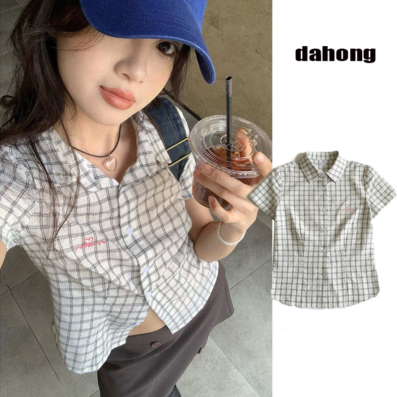 Dahong  w711 เสื้อเชิ้ตลายสก๊อตเกาหลีแขนทรงเข้ารูป เสื้อเชิ้ตแขนสั้น กระดุมหน้า แฟชั่นเกาหลี ราคา ถูกที่สุด ดีลบีเคเค