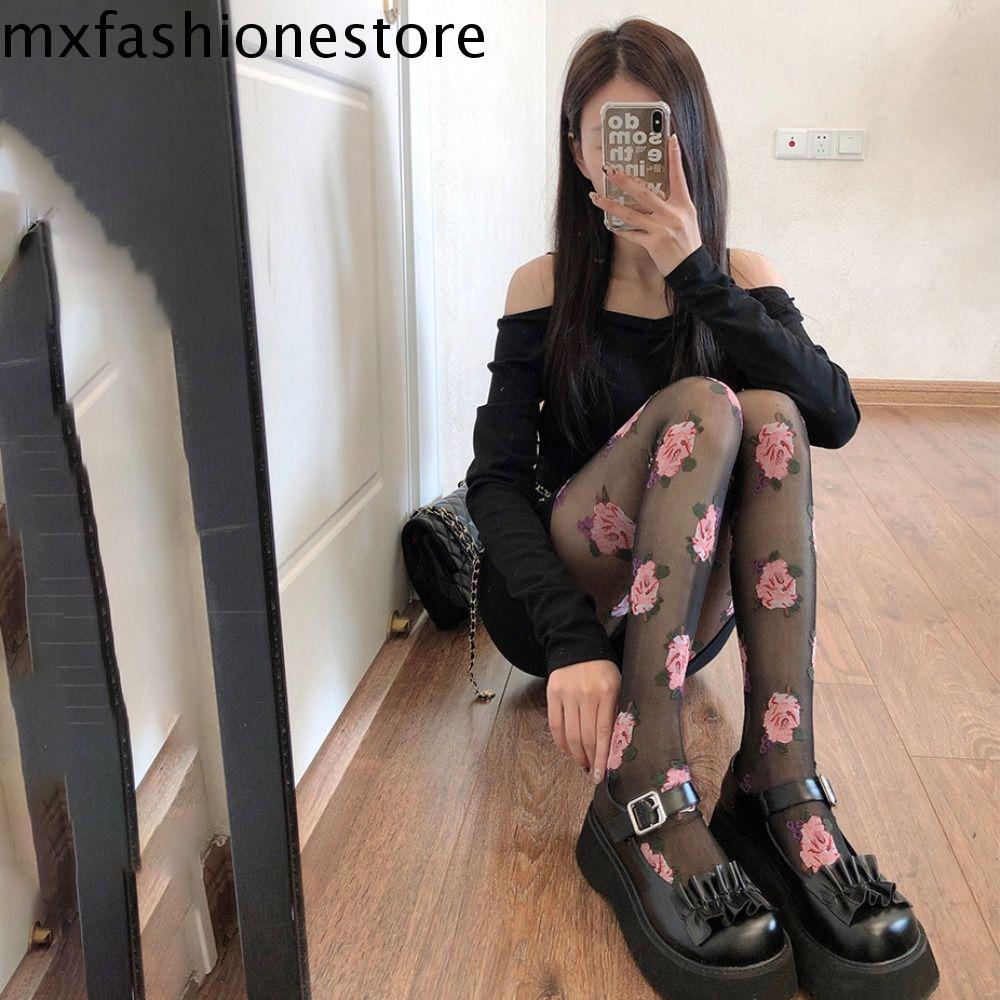 Mxfashione ถุงน่องโลลิต้า เย็บปักถักร้อย ถุงน่อง ลายดอกไม้ แบบบาง หรูหรา กุหลาบ สีชมพู / สีดํา ตาข่าย ถุงน่องผู้หญิง