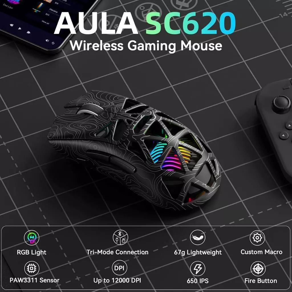 Aula SC620 เมาส์เกมมิ่งไร้สาย Tri-Mode 12000 DPI RGB thumbnail 3