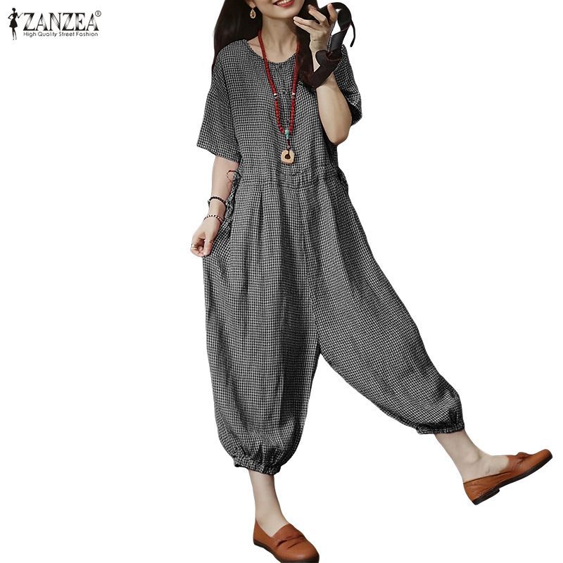 ZANZEA จั๊มสูทวินเทจเกาหลีสำหรับผู้หญิง แขนกลาง ลายสก๊อต มีเชือกรูดผูกโบว์แบบฮาเร็ม