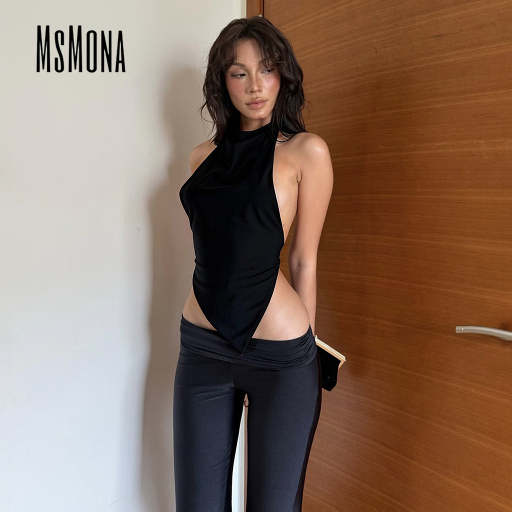 MsMona สินค้าใหม่ปี 2026 ชุดแซ็กซ์ชิการ์ล สไตล์แบ็คลีส์ฮอลเตอร์ เสื้อกล้ามสำหรับวันสบายๆ