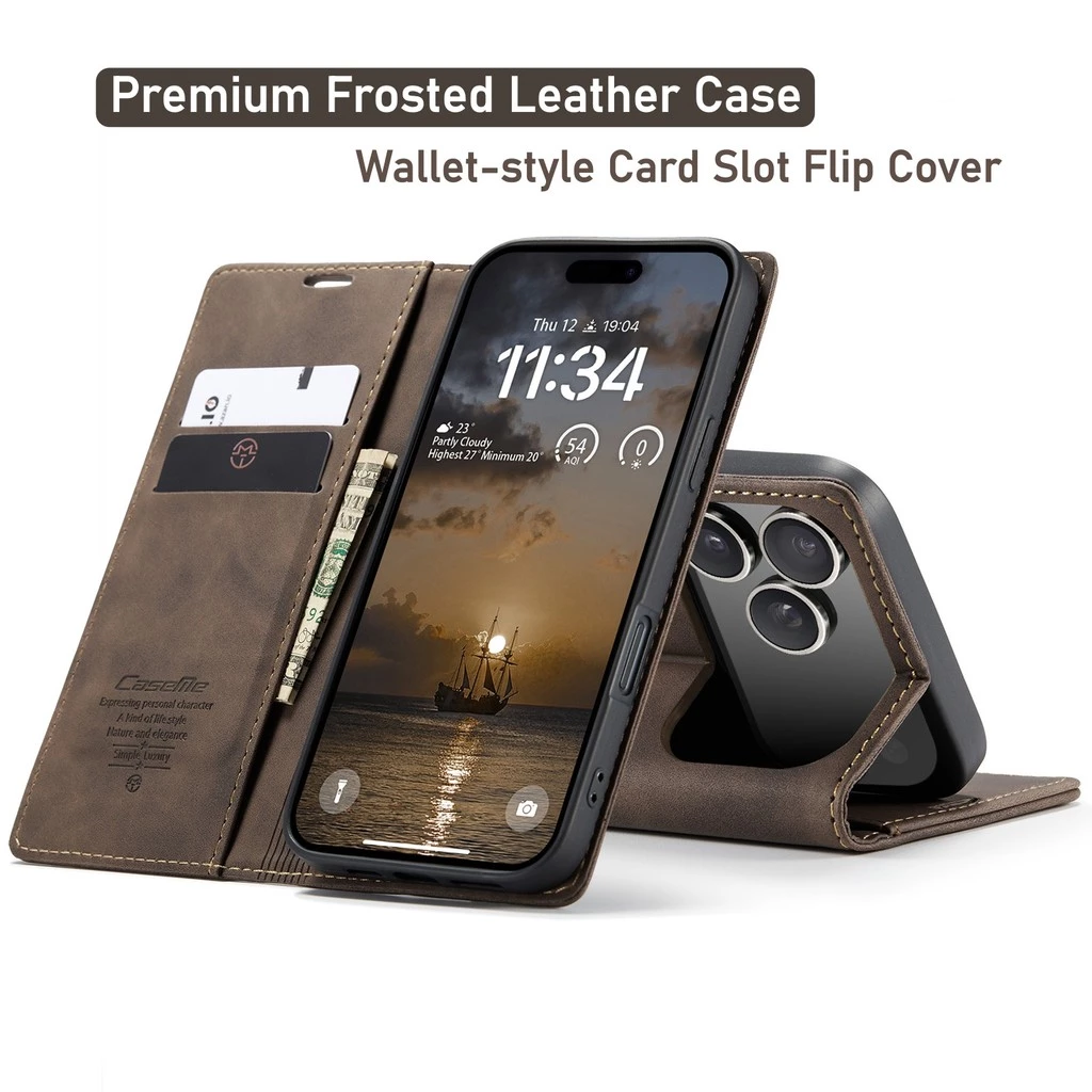 CaseMe หรูหราพลิกสีน้ําตาลเข้ม Frosted หนังสําหรับ iPhone 17 Pro Max 16 15 14 Plus 13 12 11 Pro Max Air กระเป๋าสตางค์ช่องใส่การ์ดสําหรับ Iphone X Xs Max Xr SE2 7 8 Plus Mini