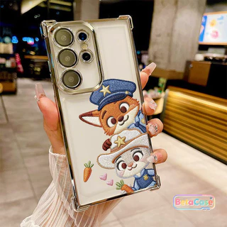 สำหรับ Samsung S25U,S24U,S23,S23U,S22,S22U,S21U,S20,S20FE เคสซัมซุง สุนัขจิ้งจอกกระต่ายคู่น่ารัก ชุบโลหะ สี่มุม กันตก
