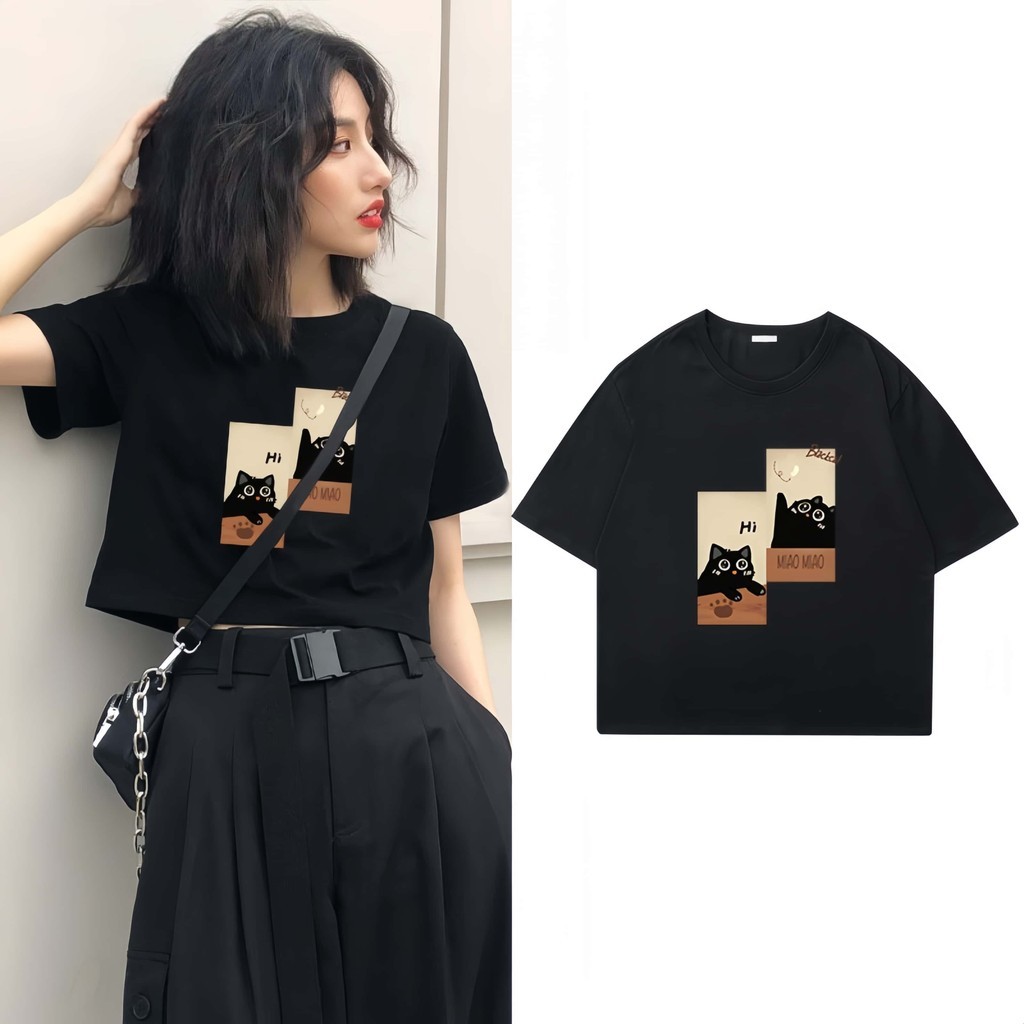 CODACE ยี่ห้อใหม่แขนสั้นเสื้อยืดเกาหลีแมวน่ารักพิมพ์ผู้หญิง Baju คอรอบแน่น Fit เซ็กซี่ Navel TopsKor