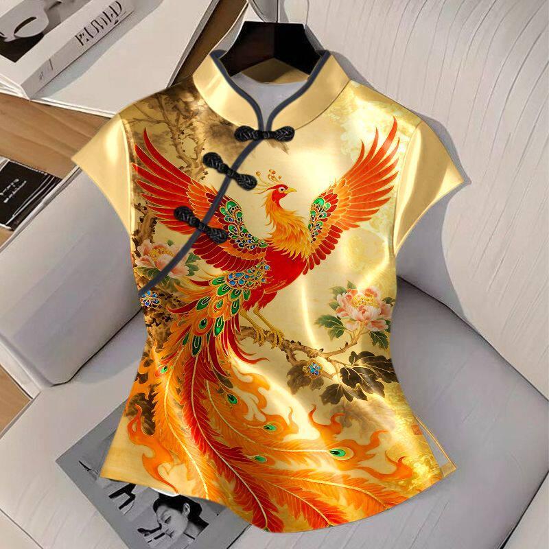 夏季 复古 cheong slit style เสื้อยืดแขนสั้นผู้หญิงสีแดงซาตินซาตินซาติน sort Shirt น่ารัก tops Penwid sli