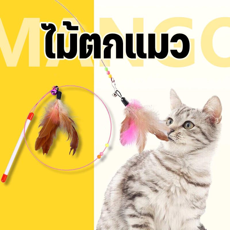 Mango ไม้ตกแมว ของเล่นแมว ของเล่นสัตว์เลี้ยง แบบสปริง ไม้ล่อแมว แบบลวดสลิง ไม้แมว ไม้แซวแมว มีขนนกและกระดิ่ง