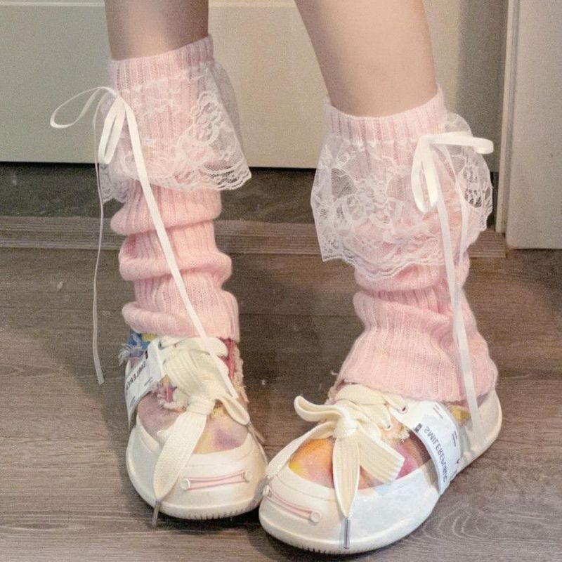 雅鹿y2k蕾丝蝴蝶结绑带白色堆堆袜可爱甜美型日系小腿少女针织袜3.25Yalu Y2k Lace Bow Tie White Slouch Socks Cute and Sweet Japanese 