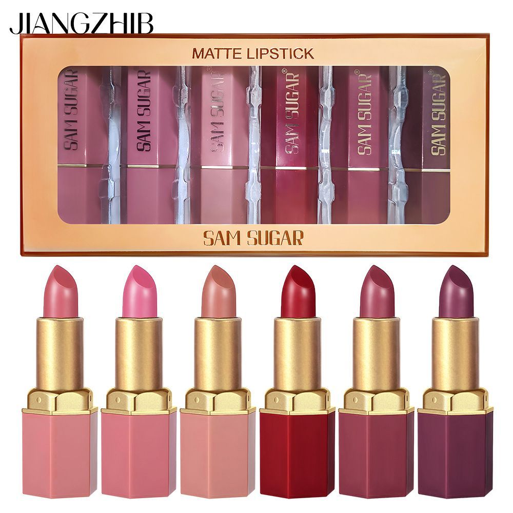 JIANGZHIB SAM SUGAR 6 เซตลิปสติก ลิปสติกเนื้อแมท ลิปสติกมุก เนื้อกํามะหยี่ ติดทนนาน สีง่าย เครื่องสํ
