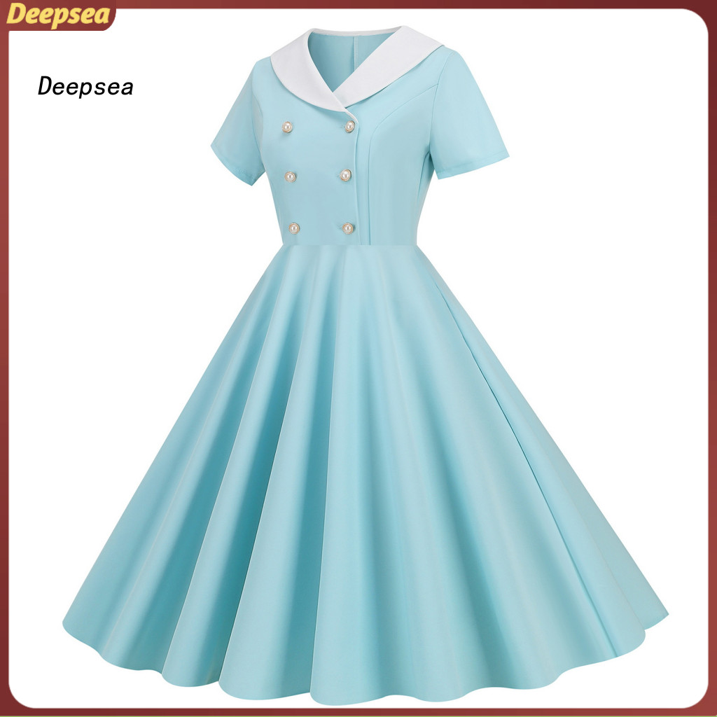 DPA 1950s Retro ชุด Vintage สำหรับสุภาพสตรี แบบ A-line Midi Swing ชุดราตรีแขนสั้น V คอปุ่มตกแต่ง เหม
