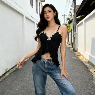 pitluเสื้อท็อปสายเดี่ยวV-neckประดับหอยสีดำ/ครีมขนาดS-XLผ้าฝักบัวเสื้อผ้าผู้หญิงเหมาะท่องเที่ยวชายหาด