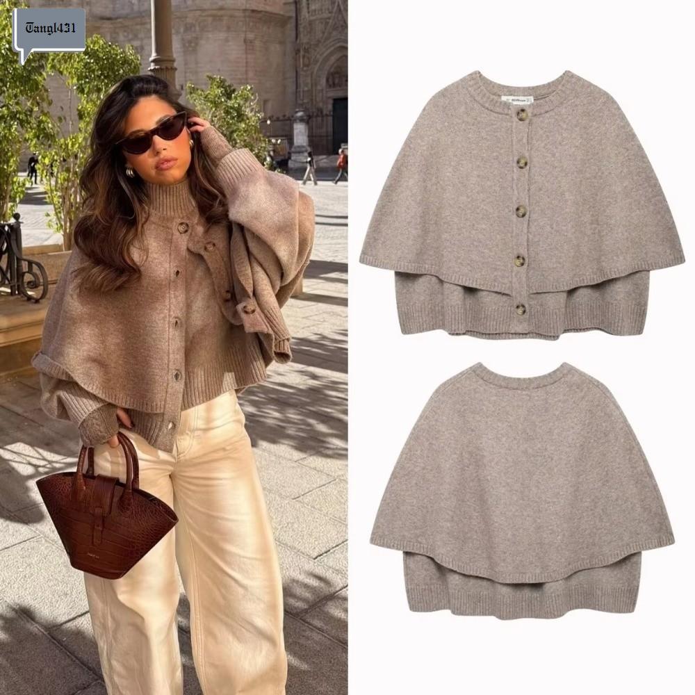 NIFINE Cape Design Coat, Breasted Style O Neck Braided Jacket, Casual Solid Color Short Chic Cape