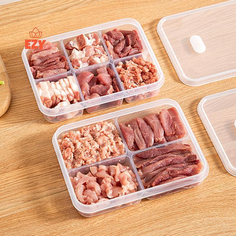 EZY กล่องเก็บของตู้เย็นบรรจุอาหาร Crisper เกรดอาหารปิดผนึกอาหารเนื้อ 2/4/6 ช่องกล่องเก็บตู้เย็นพร้อมฝาปิดใหม่