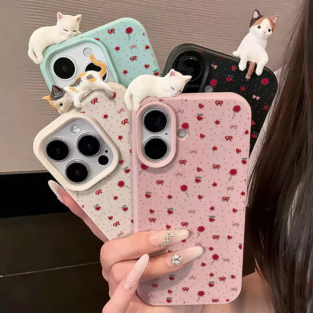 เคส for Samsung A56 A17 A07 A16 A36 A55 5G A26 A06 4G A15 A05S A35 A34 A54 S25 Ultra S23 S24 FE หนัง PU ของตกแต่งรูปแมว