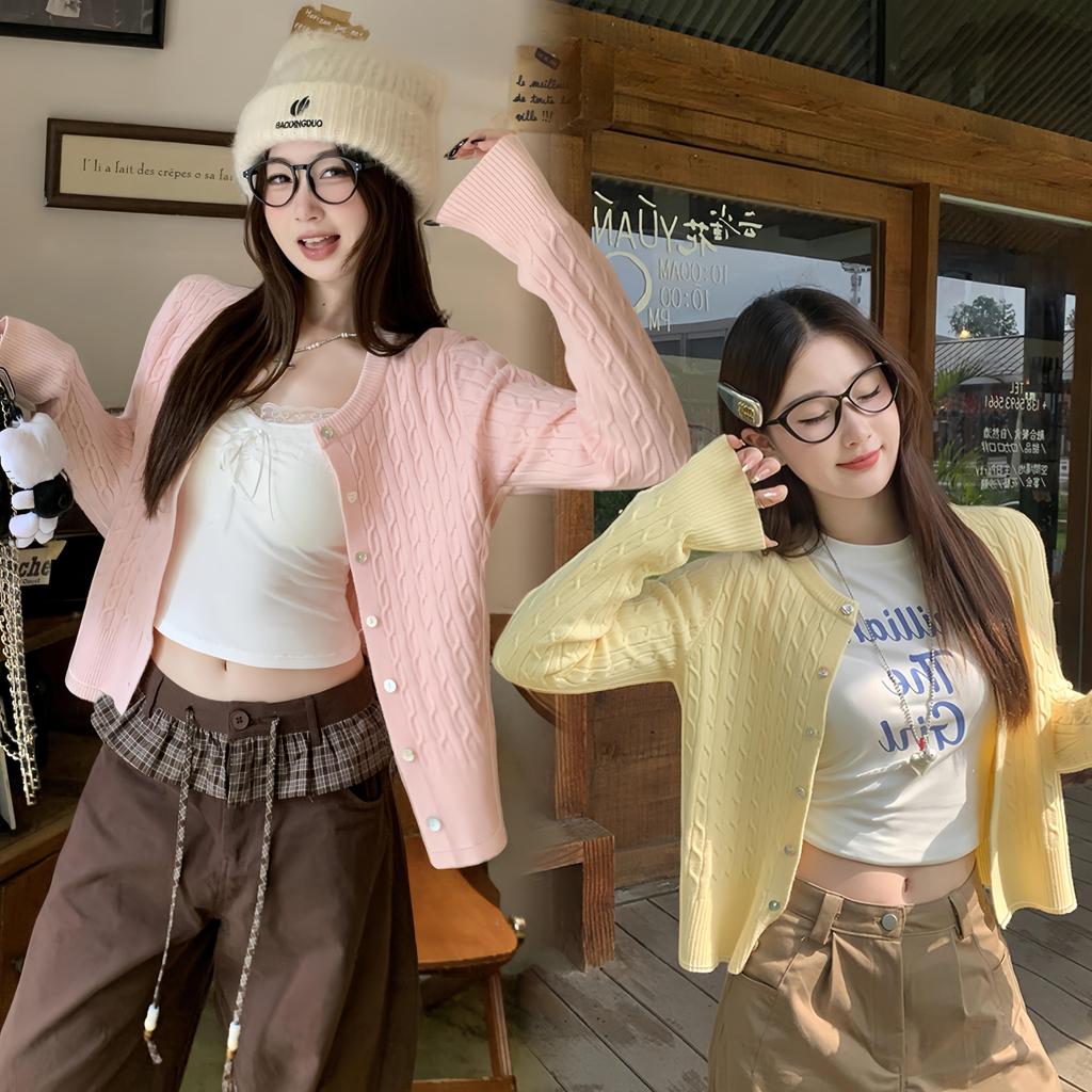 13991 เสื้อแจ็คเก็ตคาร์ดิแกนถักสำหรับผู้หญิง ดีไซน์สเวตเตอร์แบบสาย เหมาะสำหรับฤดูใบไม้ผลิและฤดูใบไม้ร่วง เสื้อถักแขนยาว