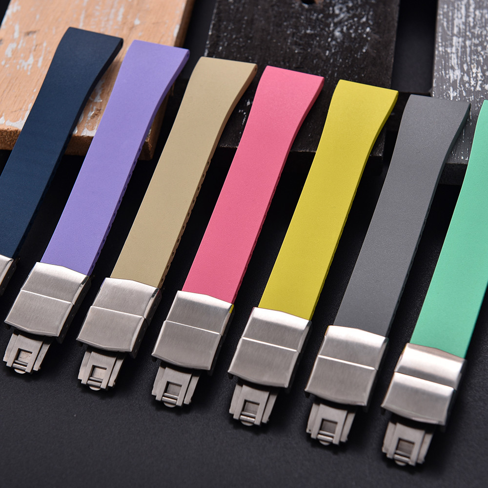 Rubber Watch Strap 16mm 18mm 19mm 20mm 21mm 22mm FKM CTS Watchband Quick Release Butterfly Silver Bu