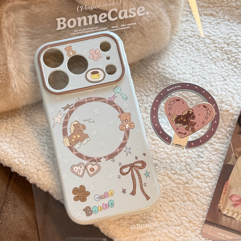 Ins ไม้ม้าหมีตุ๊กตา Love Heart Shaped พับแม่เหล็กผู้ถือกรณี iPhone สําหรับ iPhone 17 Pro Max 17 Pro 17 16 15 14 13 Anti Drop Soft Tpu Glossy ฝาหลัง