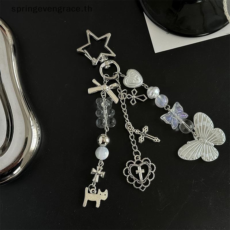 Springevengrace Y2k Love Bear Cross Bead Phone Pendant Headphone Case Charm Bag Decor Car Key Ring ใหม่