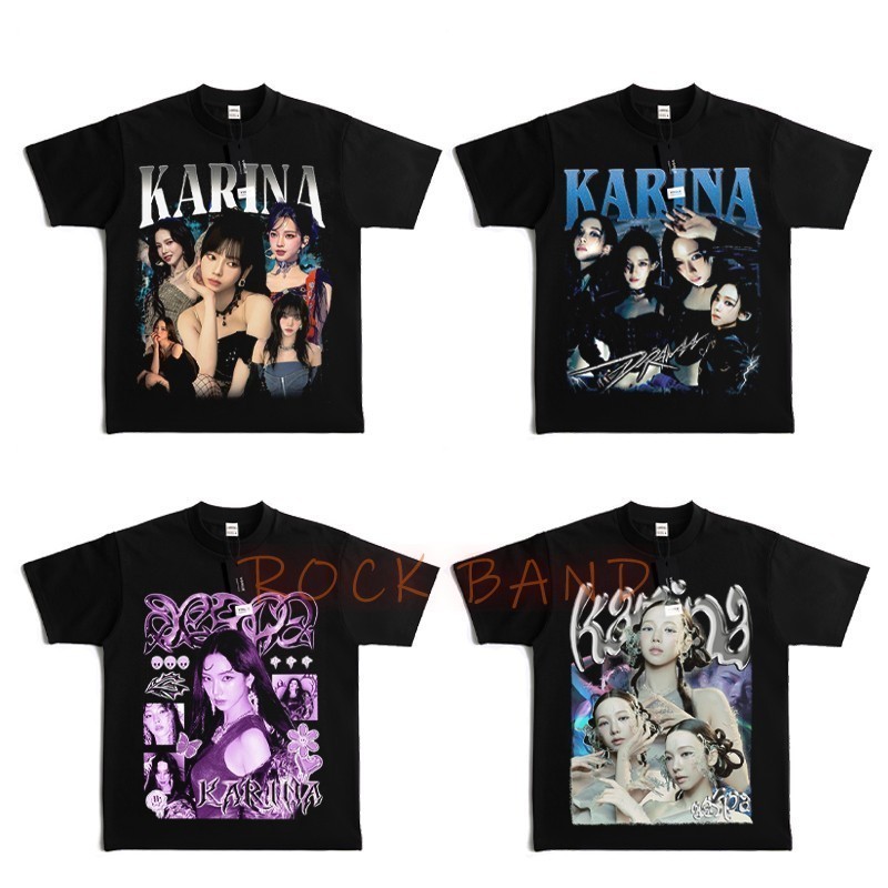 T-shirt Aespa เกิร์ลกรุ๊ป Karina แขนสั้นอเมริกันย้อนยุค VTG เสื้อยืดผ้าฝ้ายแท้สำหรับฤดูร้อน