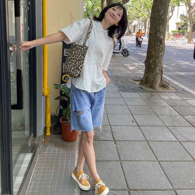 shayne-เสื้อสุภาพสตรี สีขาว ปุ่มกด เสื้อแขนสั้น ประเภทรุ่นหลวม สดชื่น หวาน วรรณกรรมและศิลปะ แฟชั่นสบาย ๆ วิทยาลัย ราคา ถูกที่สุด ดีลบีเคเค แกลเลอรีภาพที่ 6