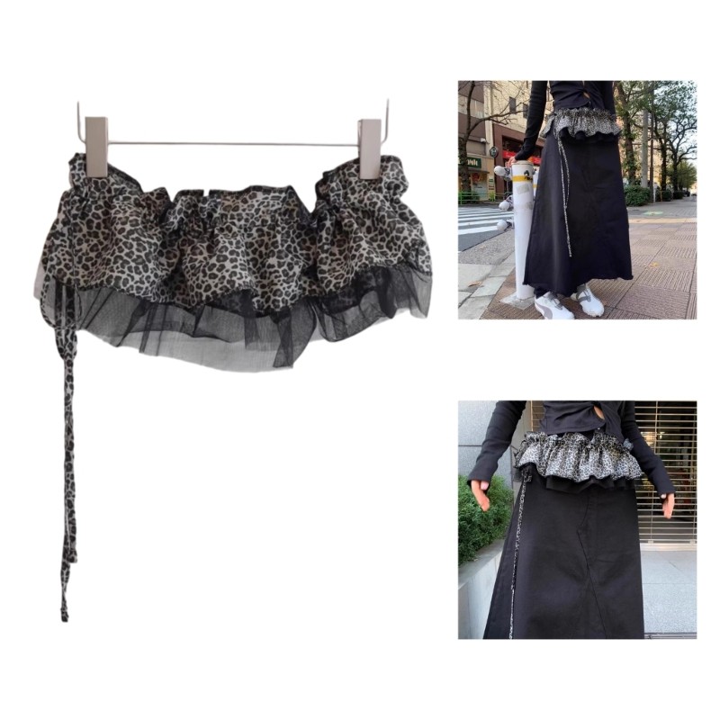 OMG Ruffled Edge Elastic Skirt Extender Leopard Print Mesh Layer Street Style