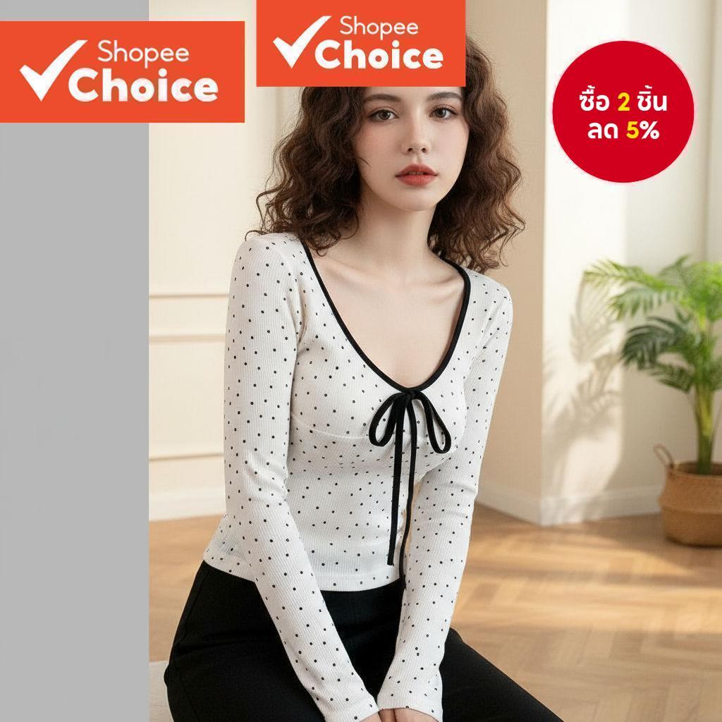 เสื้อยืดลําลอง Polka Dot Bow Contrast Binding ฤดูร้อน/ฤดูใบไม้ผลิเสื้อยืดสําหรับผู้หญิง L110AD470