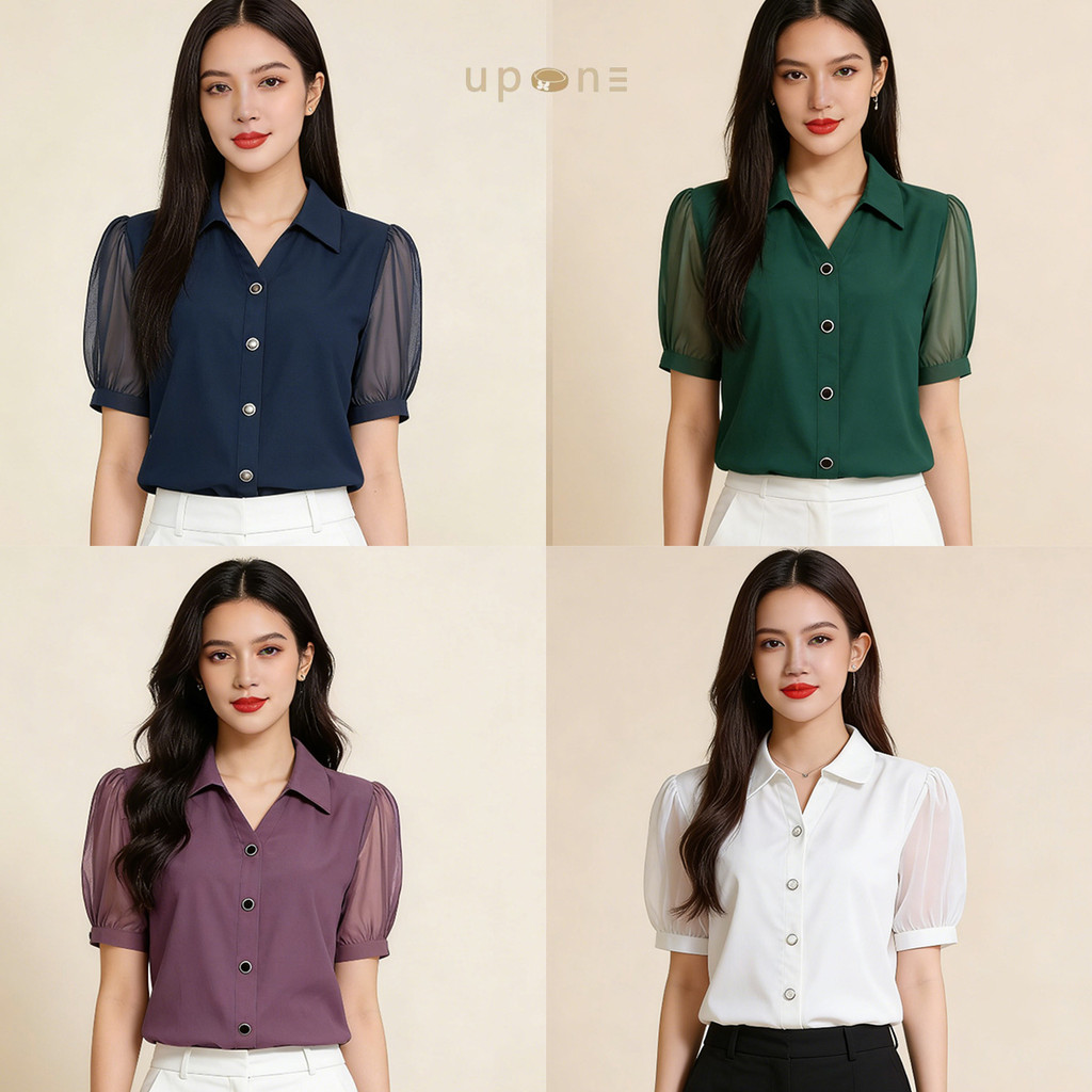 เสื้อเชิ้ตผู้หญิง แขนสั้น ผ้าชีฟอง ใส่สบาย ทรงสวย