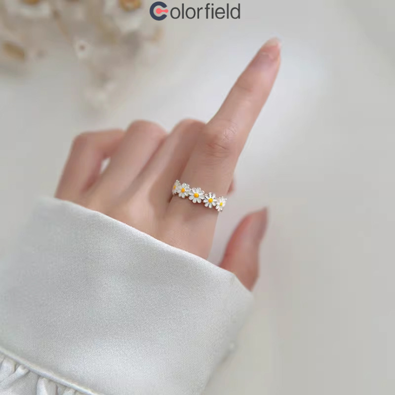 Colorfield แหวนสีขาวลายดอกเดซี่ ปรับขนาดได้ ดีไซน์แบบเปิด สำหรับผู้หญิง สไตล์ฤดูร้อน ป่า สดชื่น-COD💖