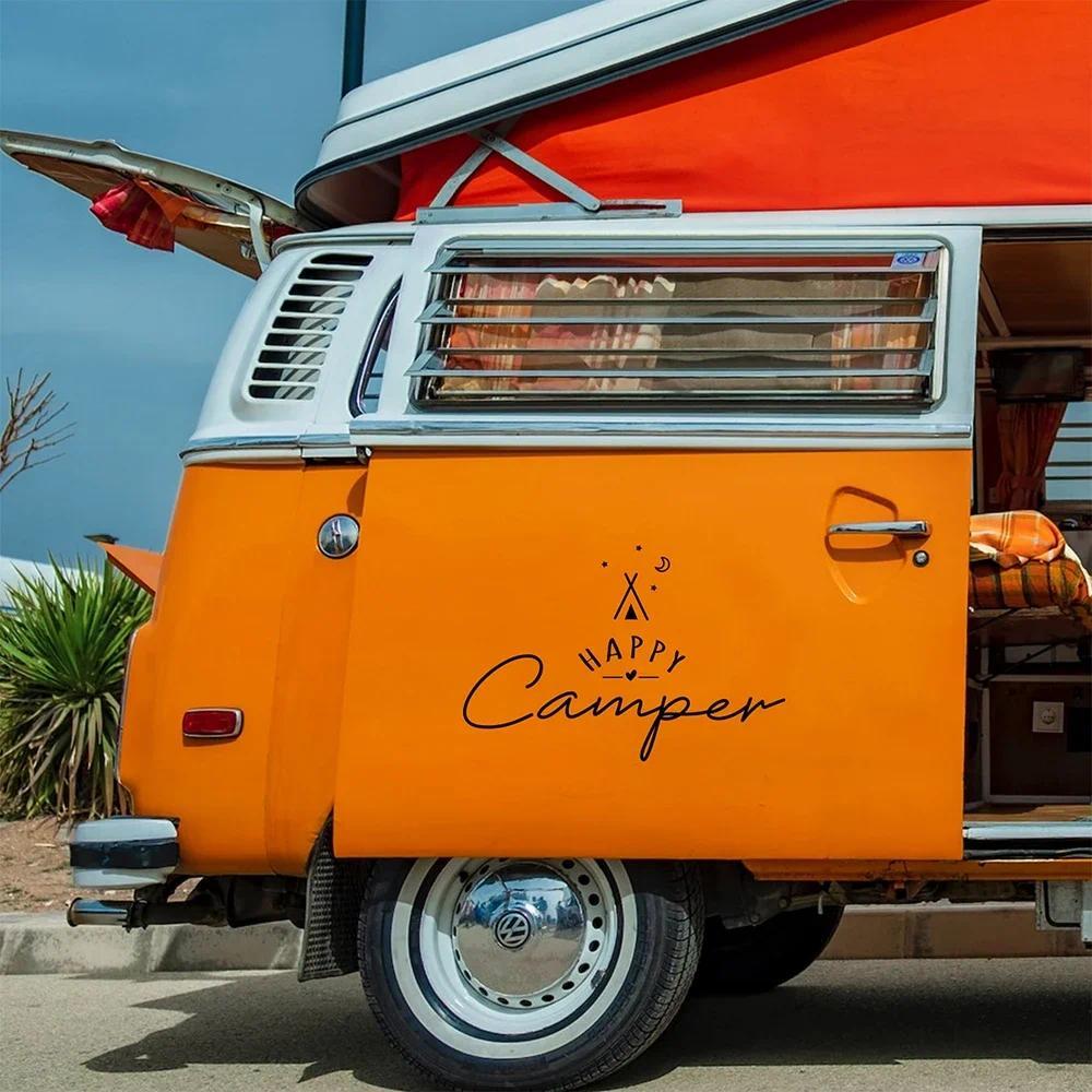 Happy Camper สติกเกอร์ขนาดใหญ่ Caravan Motorhome สติ๊กเกอร์ผจญภัยแคมป์ปิ้ง RV สติ๊กเกอร์ติดรถบรรทุก Horsebox Car Van Decals