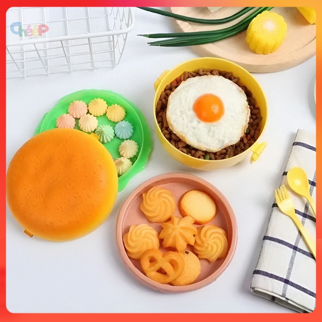 HAMBURGER LUNCH BOX / HAMBURGER LUNCH BOX / CUTE AESTHETIC HAMBURGER LUNCH BOX 2 ชั้น + SPOONS & FOR