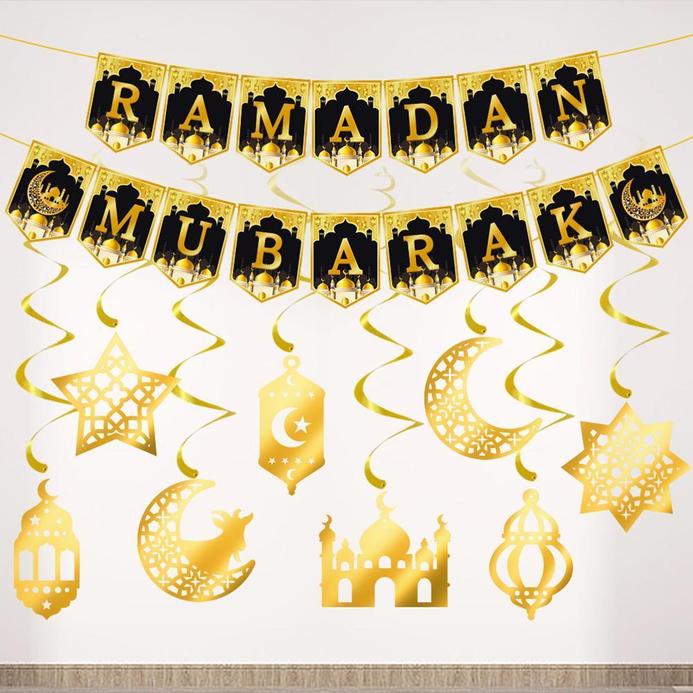 Eid Mubarak แบนเนอร์กระดาษ Garland 2025 Ramadan Moon แขวน Star Party เครื่องประดับ Swirl มัสยิด V1g7
