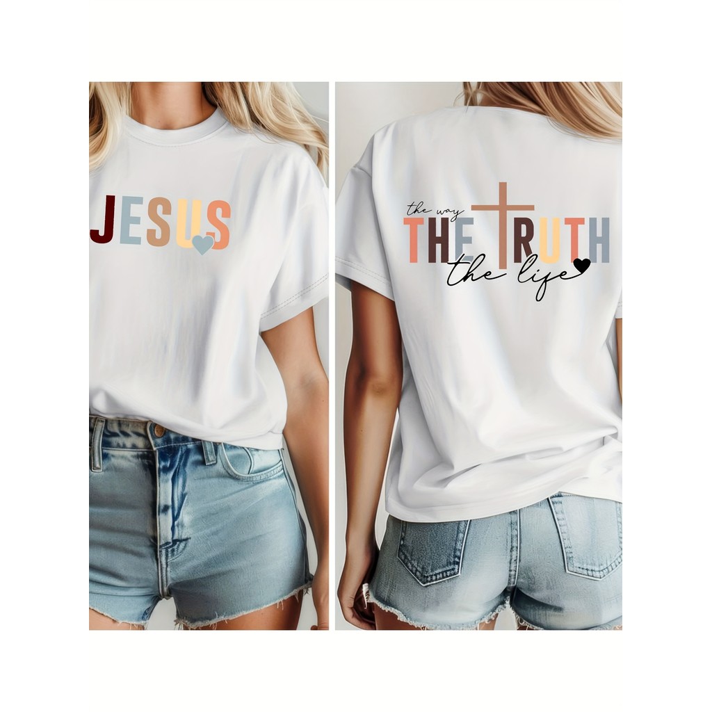 ท็อปสตรีศาสนาพระเยซู "JESUS&THE WAY TRUTH LIFE" แขนสั้น คอกลม ท็อปศรัทธาสองด้าน ขนาด S-XXL สวมใส่สบายในโบสถ์ ซักเครื่องไ