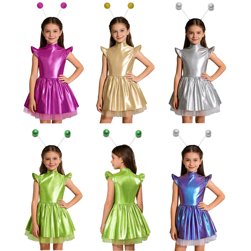 Ocelan เด็กผู้หญิง 2 ชิ้น Alien Dress Up เครื่องแต่งกาย Iridescent Glossy Mock คอบินแขนกลับที่มองไม่เห็นซิป Ruffled Tutu ชุดผม Hoop สําหรับ Theme Party Stage Performance