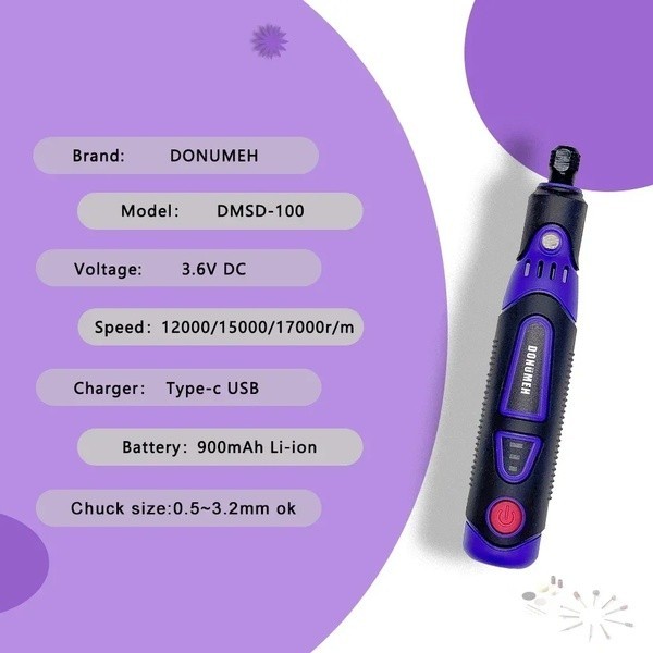 เครื่องเจียรไฟฟ้า ปรับสปีดได้ 3 ระดับ 900mAh 17000RPM Mini + สายอ่อน พร้อมอุปกรณ์เสริม ขัด เจาะ แกะสลัก - รูปที่ 3
