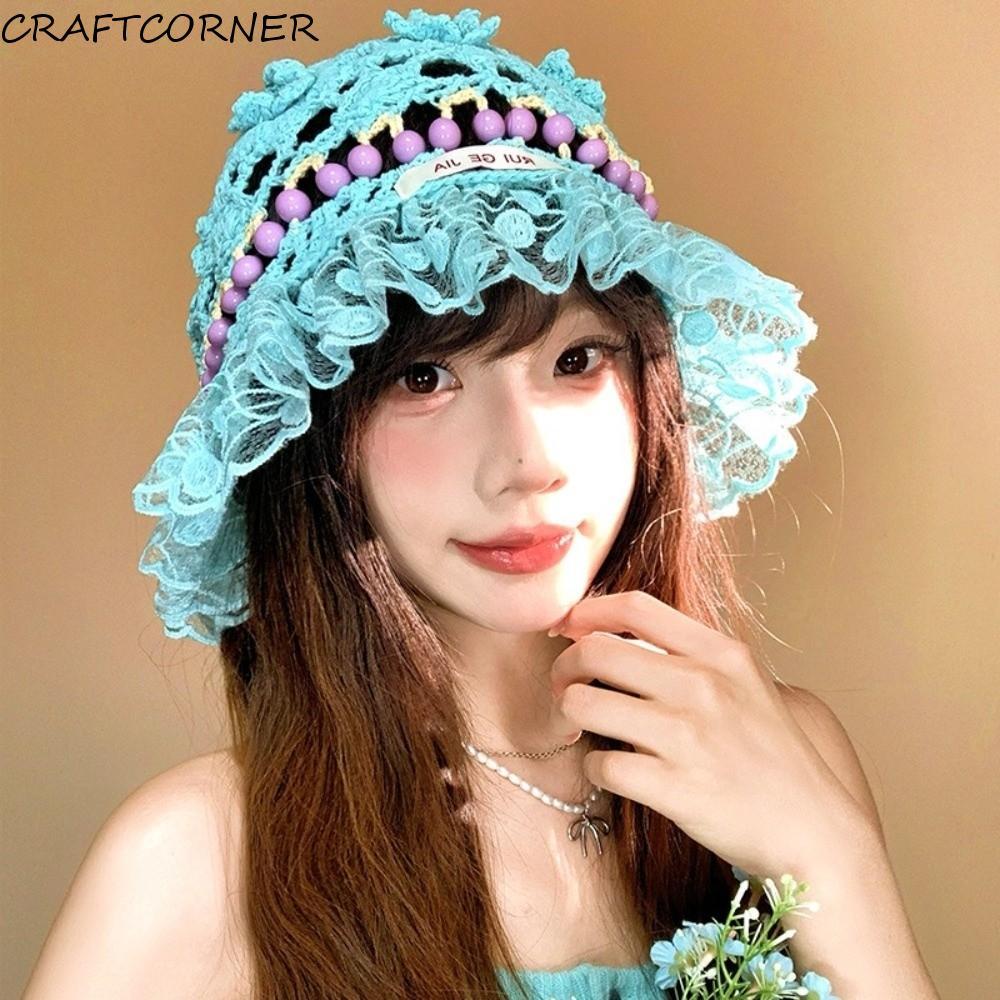 Crochet Hat ถักด้วยมือลายลูกปัดสำหรับฤดูร้อน สไตล์เรโทรทรงคลื่น สำหรับผู้หญิง