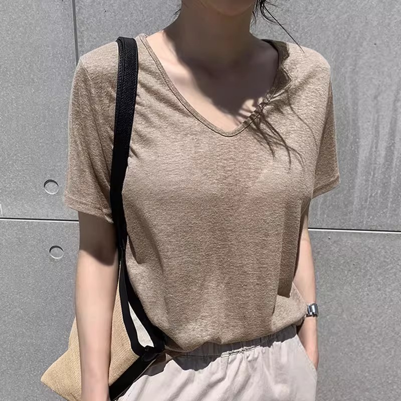 2676 เสื้อยืดแขนสั้นคอวีผ้าฝ้ายผสมลินินลายเกล็ดหิมะสำหรับฤ รูปที่ 2
