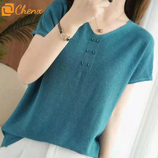 เสื้อแขนสั้นผู้หญิง แบบคล้องคอวี สไตล์เรียบหรู
