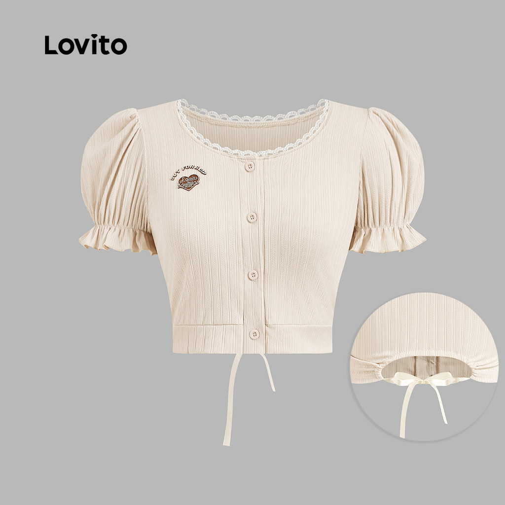 Lovito เสื้อยืดลําลองเสื้อยืดคอระบายธรรมดาสําหรับผู้หญิง LNA40070